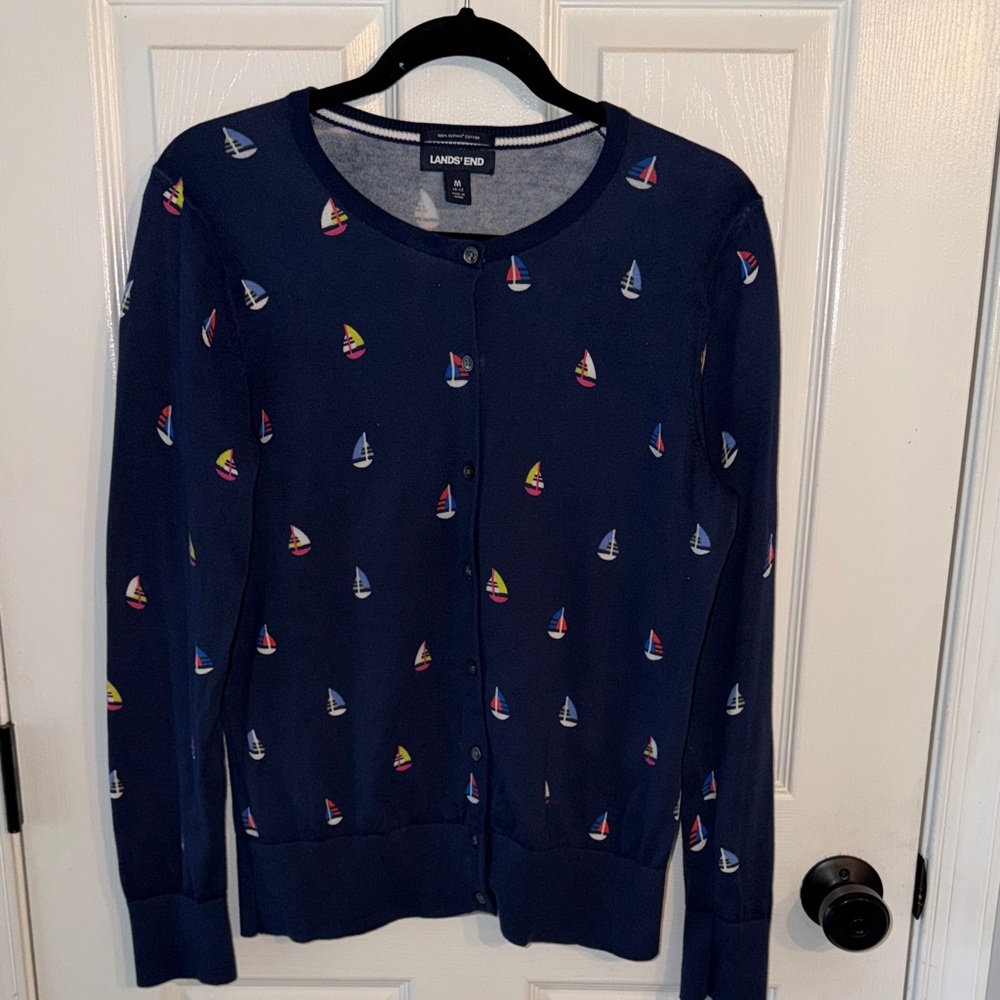 Lands' End Women's Blue Cardigan with Sailboat Design
